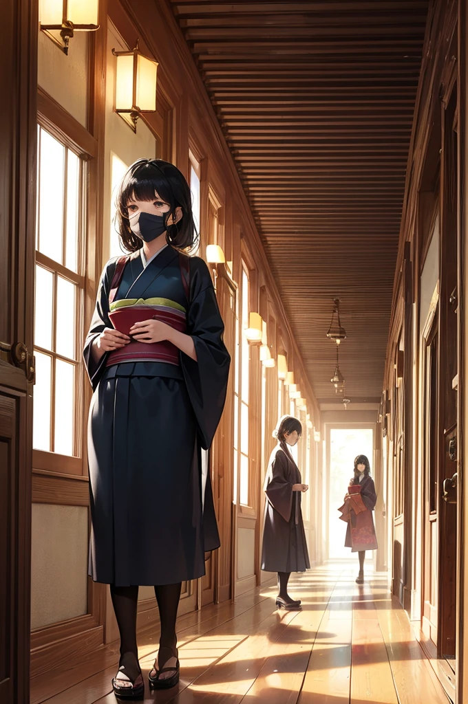 A young woman stands in a dark hallway of an old wooden house, dimly lit by a lantern. The sliding paper doors on both sides are partially open, revealing rooms filled with dust and cobwebs. In front of her, a ghostly figure with long black hair covering its face, dressed in a stained white kimono, silently floats. The lantern casts long, distorted shadows on the walls, while the wooden floor creaks under the weight of the invisible., Perspective, 