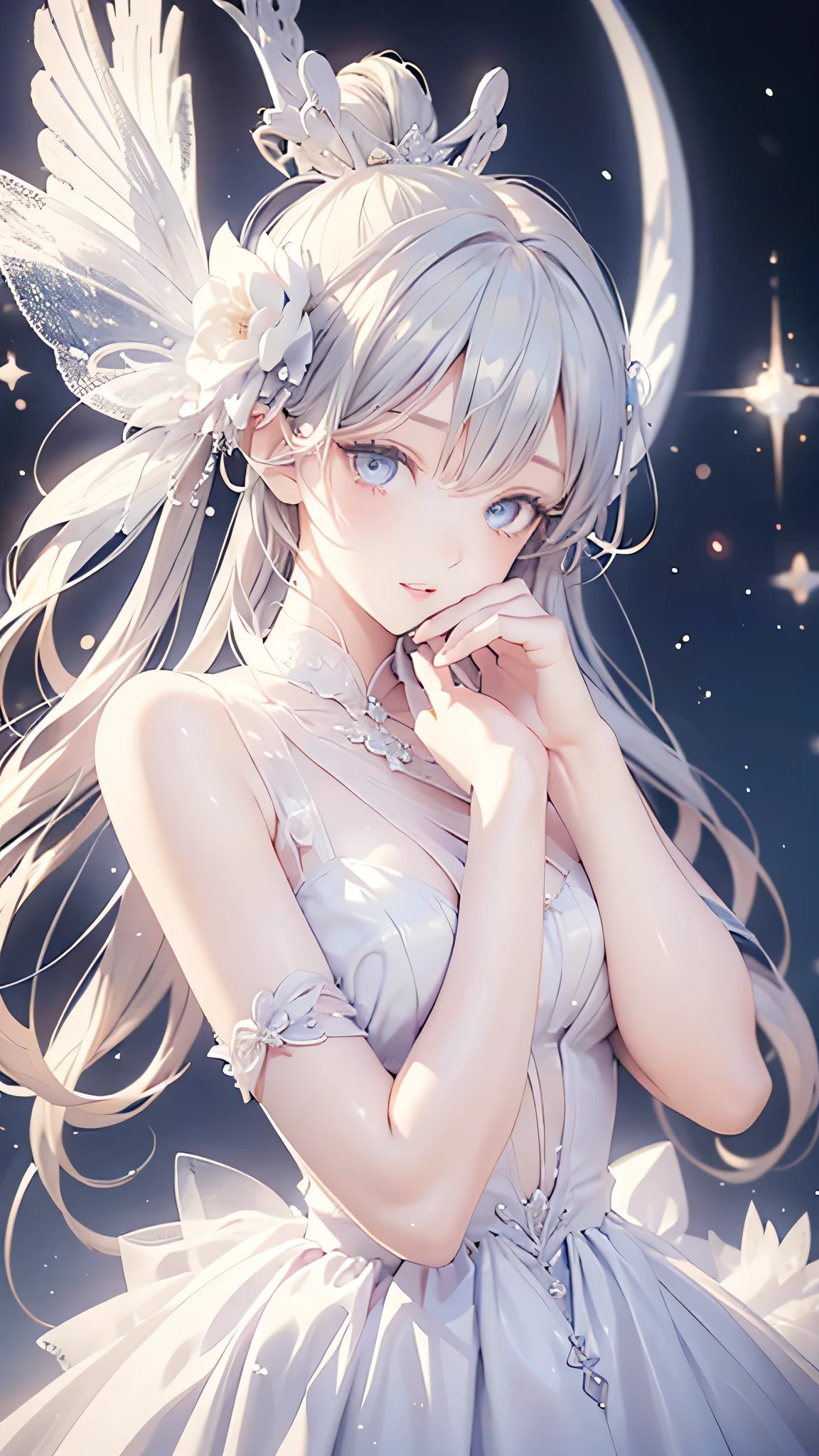 Woman in white dress, artwork in the style of Gwaiz, Gwaiz on pixiv artstation, Gwaiz on artstation pixiv, Gwaiz, Fantasy art style, Gwaiz masterpiece, Beautiful and elegant queen, Beautiful character drawings, Detailed digital anime art, Blonde Princess, Gray Hair, Sky blue eyes, Pink Lips,(Very delicate and beautiful face), (Beautiful eyes in every detail),