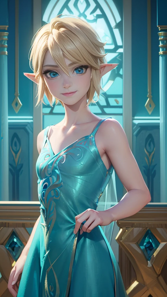 ((work of art)), (best quality), ((1 male)),((link from loz wearing a teal dress, realistic translucid long dress, collarbone), gazing at viewer, ( Short blonde hair, blue eyes), happy, smile,  