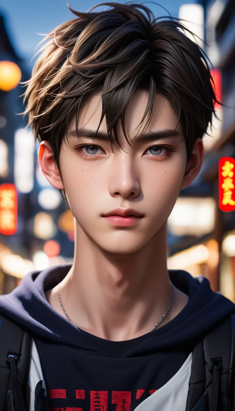 Meticulous, analog style, focus on the eyes, highest quality, (highly detailed skin), photo of very handsome pale skin Japane donghua boy, 21 years old, (wearing), perfect face, pore skin, (penetration:0.5), japanese city background, (bokeh:0.6), sharp focus, grainy lighting, (backlight:0.7), film grain, photographed with Sony A7R IV camera, 18mm F/1.7 cine lens, (highly detailed, intricate detail), 8k, HDR, front view, (full body: 0.9)