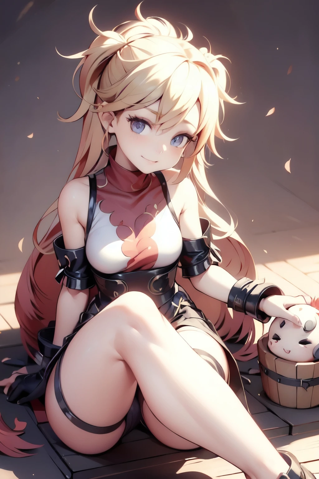 (masterpiece, best quality:1.2), red glowing eyes, red eyes, the eyes are red, perfect face, strong make up, highres, 1 girl, ultra long ponytail, (female:1.5), strife, blonde hair streaked with lots of red highlights, two colors hair (blond and red), hight flame mistress outfit, shoulder armor, sleeveless turtleneck, suspenders, belt, gloves, bracer pre potent smile, crossing legs, crossing arms , evil smile, evil pose, sitting, portrait, looking at viewer,  Her hair is streaked with lots red and blonde highlights, moon tribal tattoo.