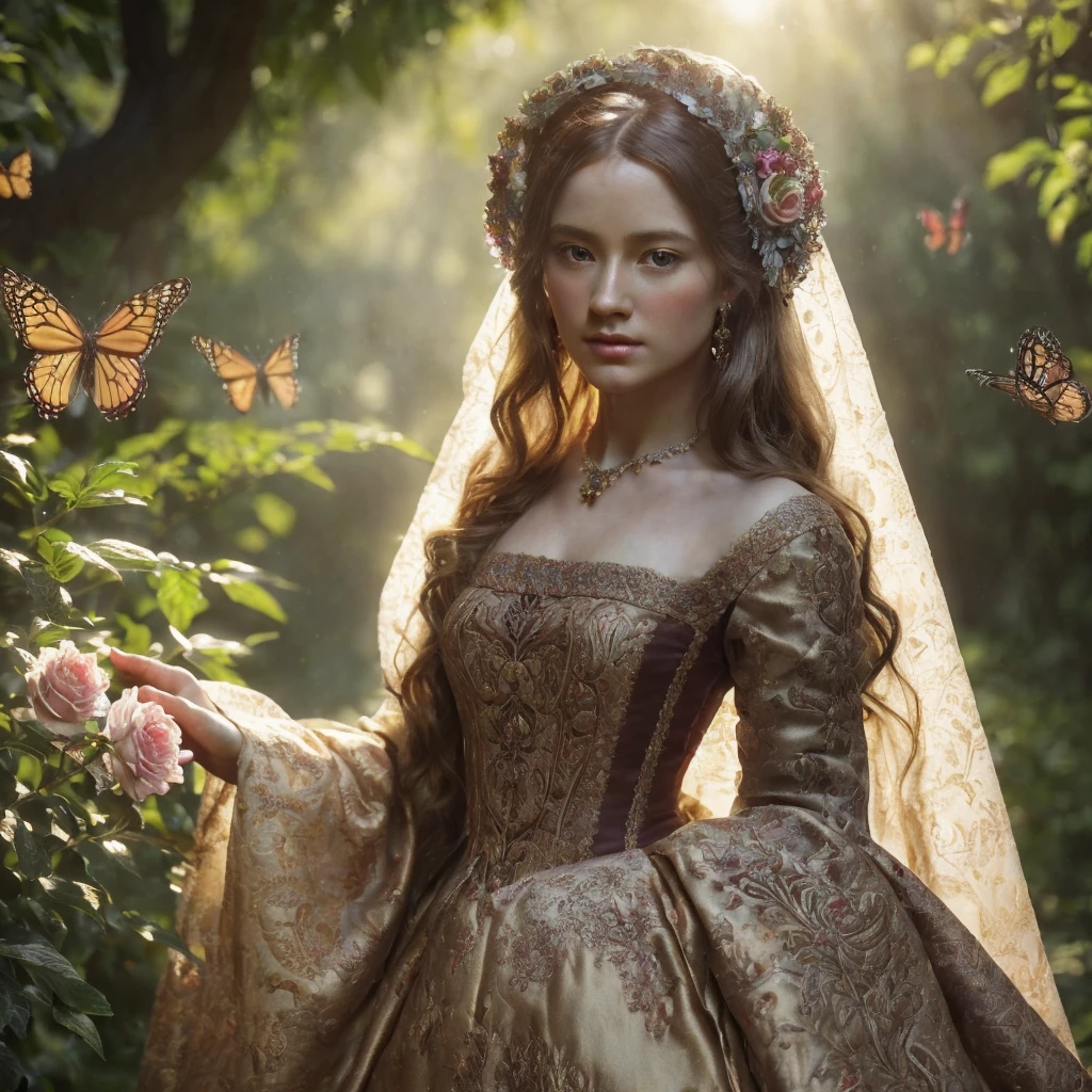 a renaissance girl, elegant long dress, intricate embroidery, porcelain skin, brown flowing hair, serene expression, standing in a lush garden, sunlight filtering through the trees, butterflies fluttering nearby, (best quality,4k,8k,highres,masterpiece:1.2),ultra-detailed,(realistic,photorealistic,photo-realistic:1.37),detailed facial features, HDR, UHD, studio lighting, ultra-fine painting, sharp focus, physically-based rendering, extreme detail description, professional, vivid colors, baroque,chiaroscuro lighting