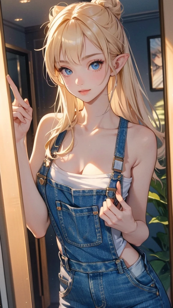 work of art, epic details, ultra detaild, high resolution, blonder woman, beautiful elf, hair tied into an elegant bun, angelic face with soft features, slim body, wearing denim overalls and a fitted pink tank top, delicate and well-defined hands, expression of happiness, big friendly and simple smile, Scenario: a bright room, supper: taking a photo in front of the mirror, no mistakes, epic details no rosto, large, expressive eyes, modest and elegant behavior