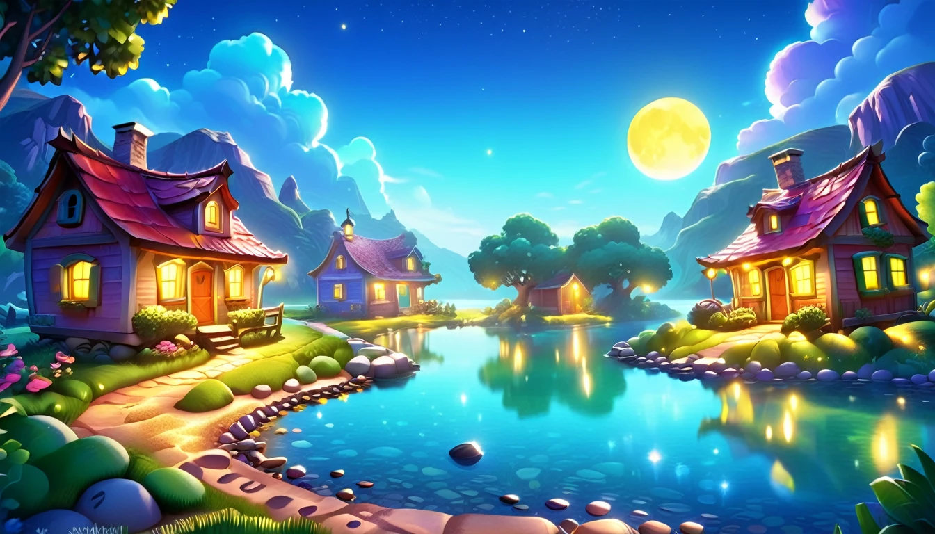 A beautiful calm and peaceful lagoon that reflects the brightness of the stars and moonlight, the stars and the moon have a yellow hue in a starry sky at the bottom of the lagoon cutting horizontally through the landscape we see a little road made of shiny pebbles that passes in front of the little house of a farm. disney pixar style