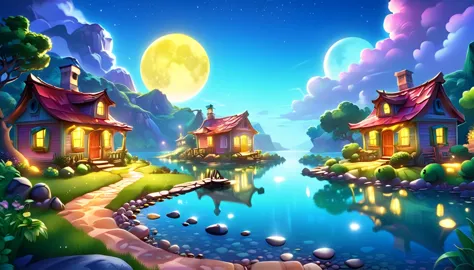 a beautiful calm and peaceful lagoon that reflects the brightness of the stars and moonlight, the stars and the moon have a yell...