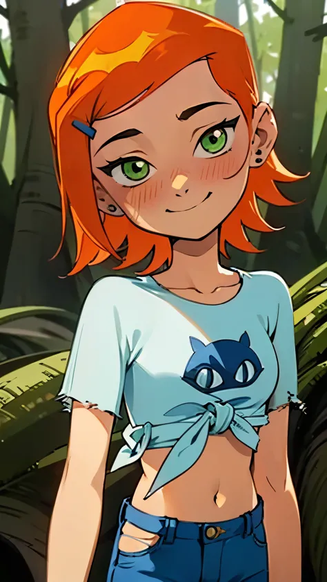 (Masterpiece), Best Quality, ultra-detailed, 1girl (Gwendolyn_Tennyson, beautiful face, breasts, orange hair, short hair, green eyes), ,   wicked smile, nose blush, blush, facing viewer, looking at viewer,  side look, head tilt, solo,  torn shirts, tied, navel, denim shorts, in the forest, walking, Sexy waist teasing 