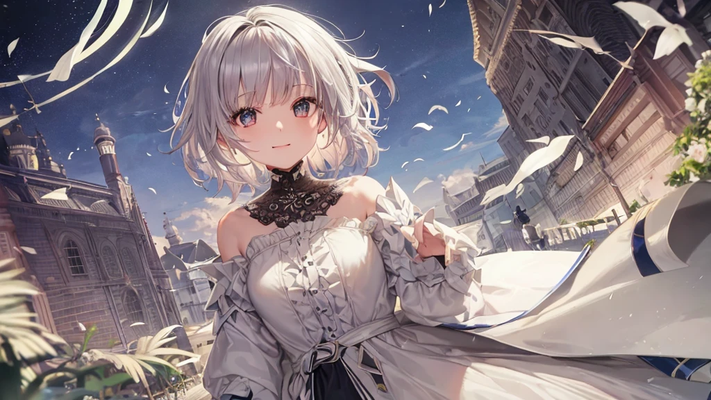 Ultra HD,Look at the viewers, Put your hands behind your back, With a girl, 20-year-old, 非常にShort Hair, Long bangs between the eyes, Pale blue eyes, Very detailed,(masterpiece、Highest quality),Gray Hair、Laughter、Fantastic, Silver Hair, Iris, Short hair、 Fluttering Hair、Small Face、明るいsmile、(Detailed face) ,Professional Lighting,Wonderful landscape,blue sky, sunlight,Looking down from above,Portraiture、Open your mouth、Flower Field、Her eyes were shining、Mysterious and enchanting atmosphere。With AI Painting、とてもShort Hair, Long bangs between the eyes, Very detailed,(masterpiece、Highest quality)、alone、Gray Hair、Fantasy, Silver Hair, Fantasyな風景、smile、Open your mouth、short hair、Short Hair、hairpin、black eye、Grey Eyes、Beautiful Eyes、Black Shirt、White hoodie