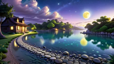 a beautiful calm and peaceful lagoon that reflects the brightness of the stars and moonlight, the stars and the moon have a yell...