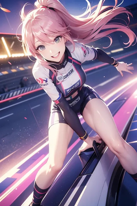 (best quality,highres),tess darret,pole position,holding a race helmet in hands,standing inside of her race car,smiling,anime st...