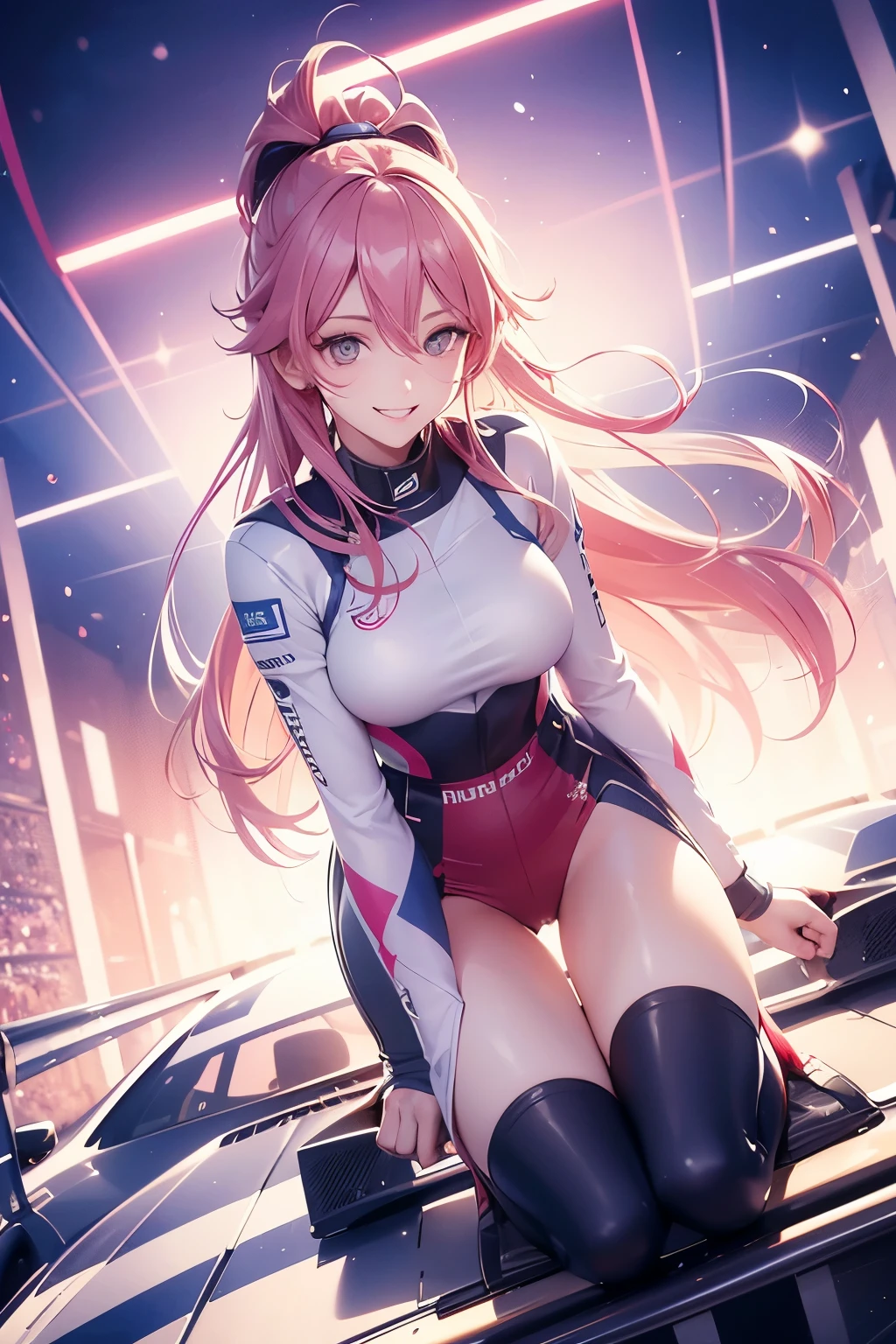 (best quality,highres),Tess Darret,Pole Position,holding a race helmet in hands,standing inside of her race car,smiling,anime style,bright colors,dynamic lighting,shiny finish,energetic pose,attention to detail,sparkling eyes,long flowing hair,wearing a racing suit,checkered flag pattern on the car,exciting atmosphere,vivid expressions