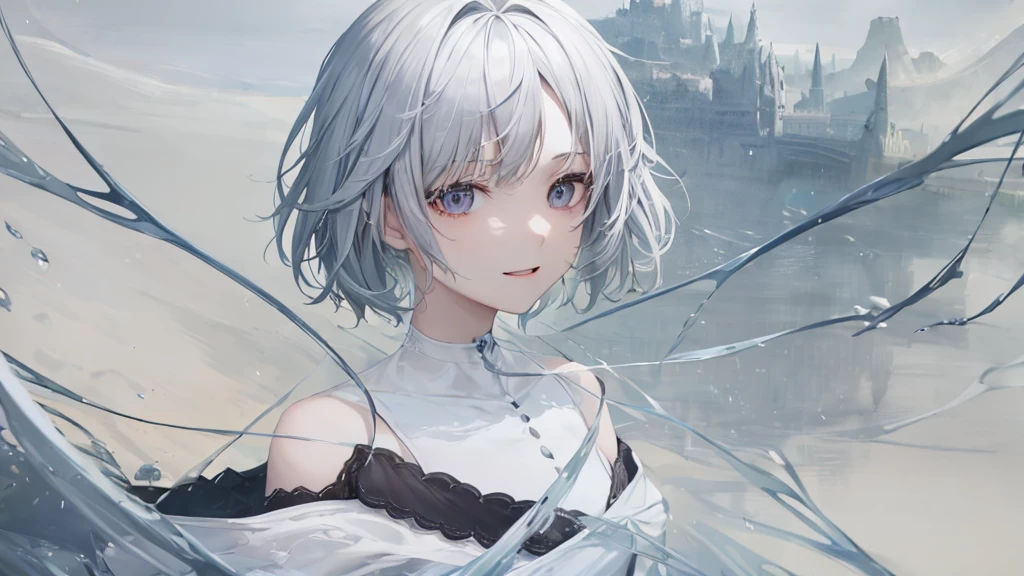 Ultra HD,Look at the viewers, Put your hands behind your back, With a girl, 20-year-old, 非常にShort Hair, Long bangs between the eyes, Pale blue eyes, Very detailed,(masterpiece、Highest quality),Gray Hair、Laughter、Fantastic, Silver Hair, Iris, Short hair、 Fluttering Hair、Small Face、明るいsmile、(Detailed face) ,Professional Lighting,Wonderful landscape,blue sky, sunlight,Looking down from above,Portraiture、Open your mouth、Flower Field、Her eyes were shining、Mysterious and enchanting atmosphere。With AI Painting、とてもShort Hair, Long bangs between the eyes, Very detailed,(masterpiece、Highest quality)、alone、Gray Hair、Fantasy, Silver Hair, Fantasyな風景、smile、Open your mouth、short hair、Short Hair、hairpin、black eye、Grey Eyes、Beautiful Eyes、Black Shirt、White hoodie