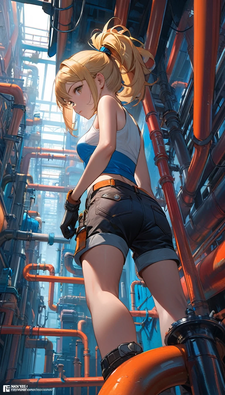 (from below), ultra high definition, best quality, masterpiece, highres, (colorful), (saturated color), artstation, concept art, smooth, sharp focus, illustration, solo, female worker, Hyper realism, blonde pony tail hair, crop top and short pants, back view, (climbing and hanging on the pipe at high position), pipe jungle, industrial pipes, architecture made up of pipes and valves, tubular creature, Huge maze of pipes spread highly inside the factory, steam blowing out