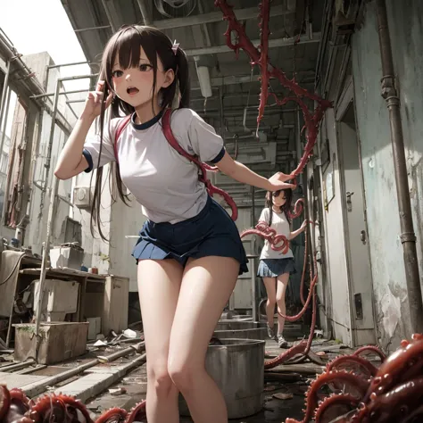 ８age、Girl captured by tentacles in abandoned factory、Tentacles in a skirt、Pants fabric texture、Crying and screaming