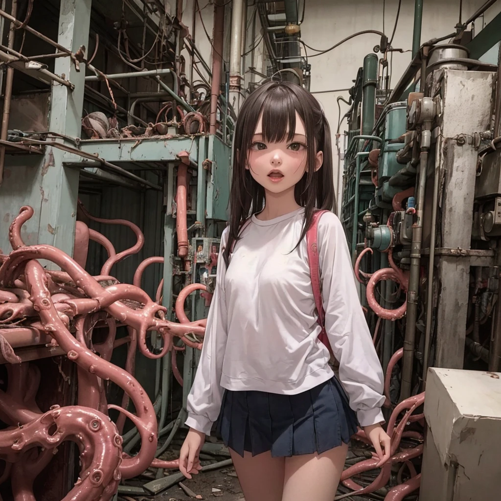 ８age、Girl captured by tentacles in abandoned factory、Tentacles in a skirt、Pants fabric texture、Crying and screaming