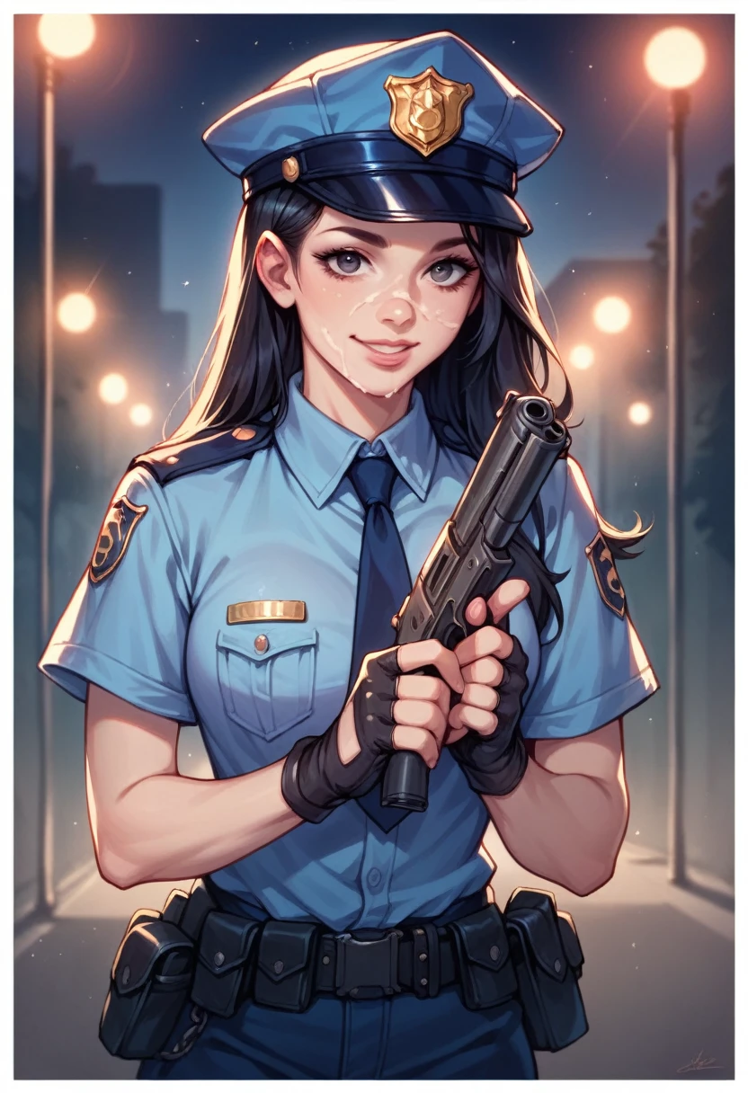 Woman, adult, black hair, sexy police officer in uniform, night, soft light, facial details, from front, with gun, smiling, light pink lips, fingers --Realistic Style-Imagination-