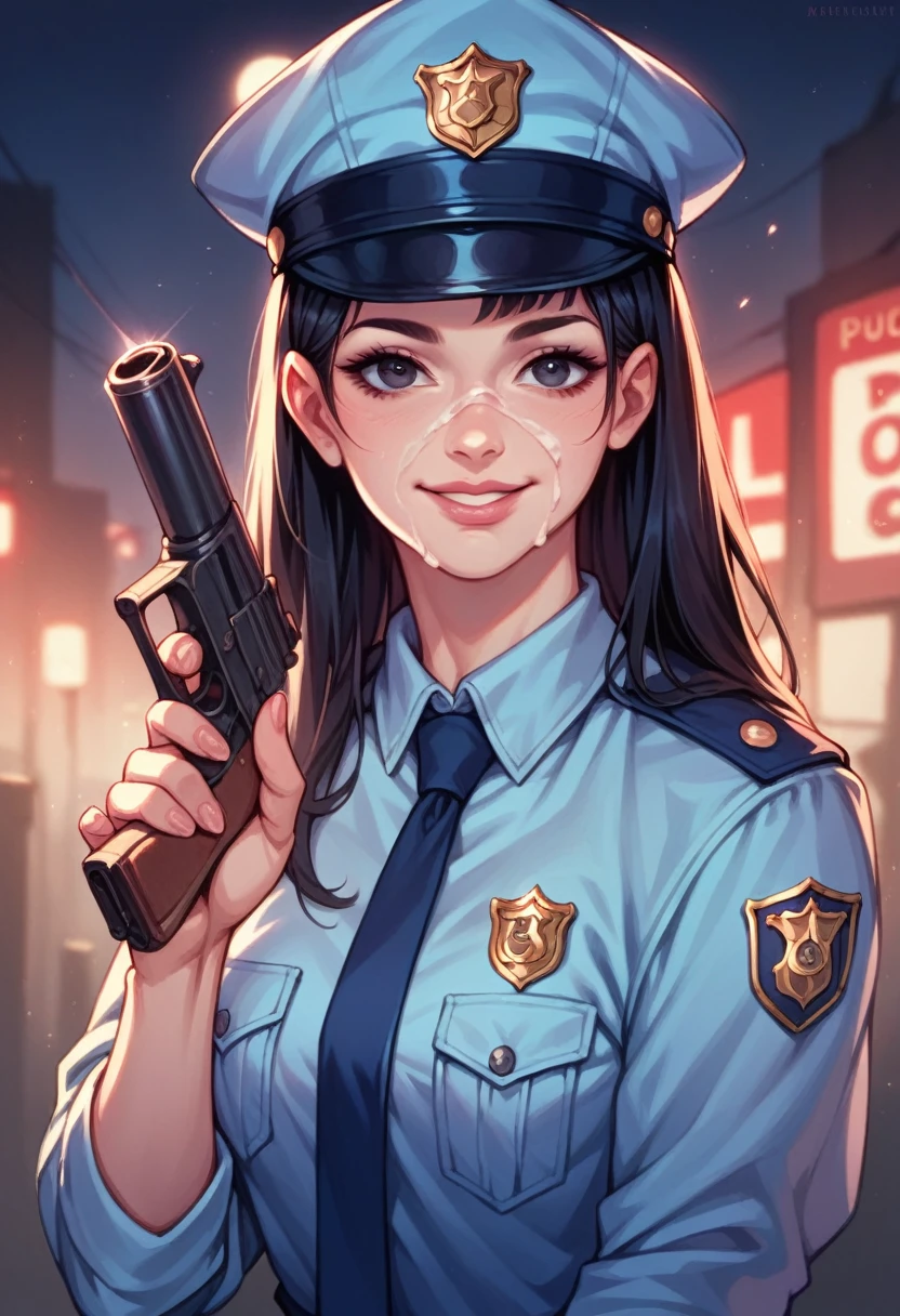 Woman, adult, black hair, sexy police officer in uniform, night, soft light, facial details, from front, with gun, smiling, light pink lips, fingers --Realistic Style-Imagination-