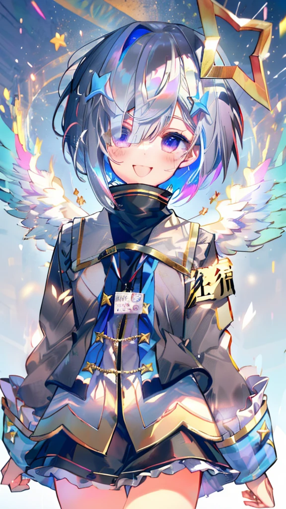 (Ultra-high resolution,masterpiece, Attention to detail, Highest quality), 8k,(1girl, amane kanata, Star Hello, solo, multicolored hair, asymmetrical hair, purple eyes, Bracelet, short hair, blue hair, grey hair, long sleeves, grey jacket, bob cut, streaked hair, bangs, white wings, black skirt, hair over one eye, frilled skirt, blue socks, turtleneck dress, miniskirt, blue wings, flat chest),(Blessed,Captivating body、Ultra-detailed skin、Super beautiful eyes、Detailed Background),One girl、 (cheerful ,enjoy :1.5),