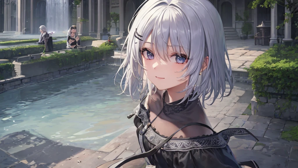 Ultra HD,Look at the viewers, Put your hands behind your back, With a girl, 20-year-old, 非常にShort Hair, Long bangs between the eyes, Pale blue eyes, Very detailed,(masterpiece、Highest quality),Gray Hair、Laughter、Fantastic, Silver Hair, Iris, Short hair、 Fluttering Hair、Small Face、明るいsmile、(Detailed face) ,Professional Lighting,Wonderful landscape,blue sky, sunlight,Looking down from above,Portraiture、Open your mouth、Flower Field、Her eyes were shining、Mysterious and enchanting atmosphere。With AI Painting、とてもShort Hair, Long bangs between the eyes, Very detailed,(masterpiece、Highest quality)、alone、Gray Hair、Fantasy, Silver Hair, Fantasyな風景、smile、Open your mouth、short hair、Short Hair、hairpin、black eye、Grey Eyes、Beautiful Eyes、Black Shirt、White hoodie