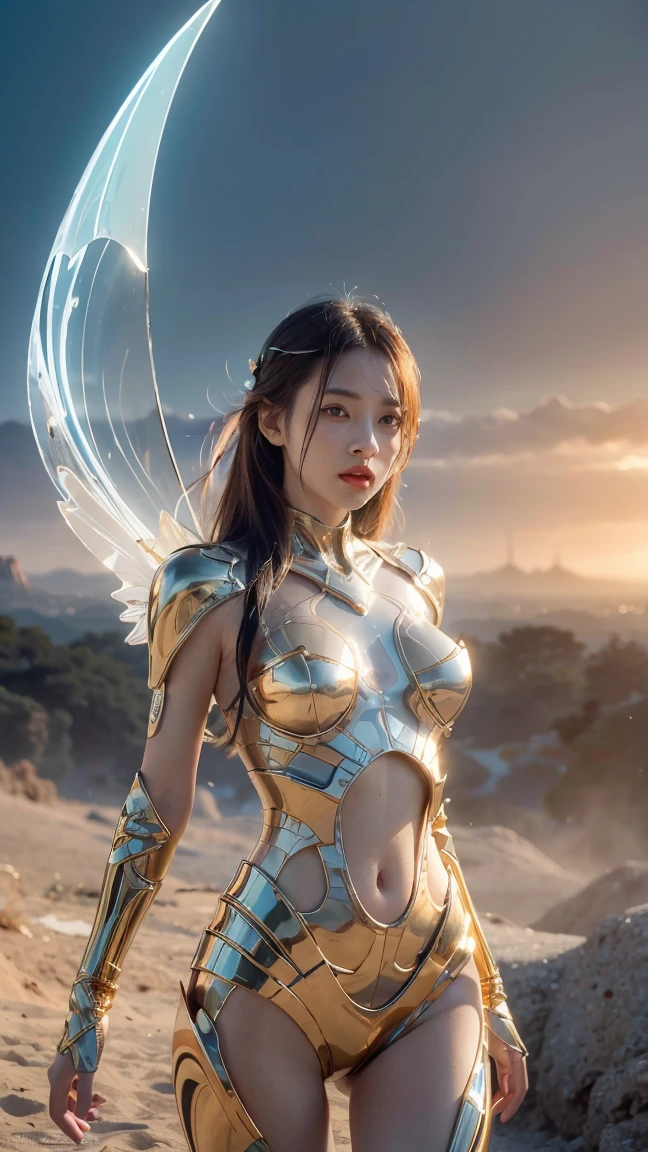 Translucent ethereal alien warrior，ModelShoot style, (Extremely detailed CG unified 8K wallpapers), The beauty of abstract stylization,，surrealism, 8K, Super detail, Best quality, Award-Awarded, Anatomically correct, 16k, Super detail,big tits,all golden