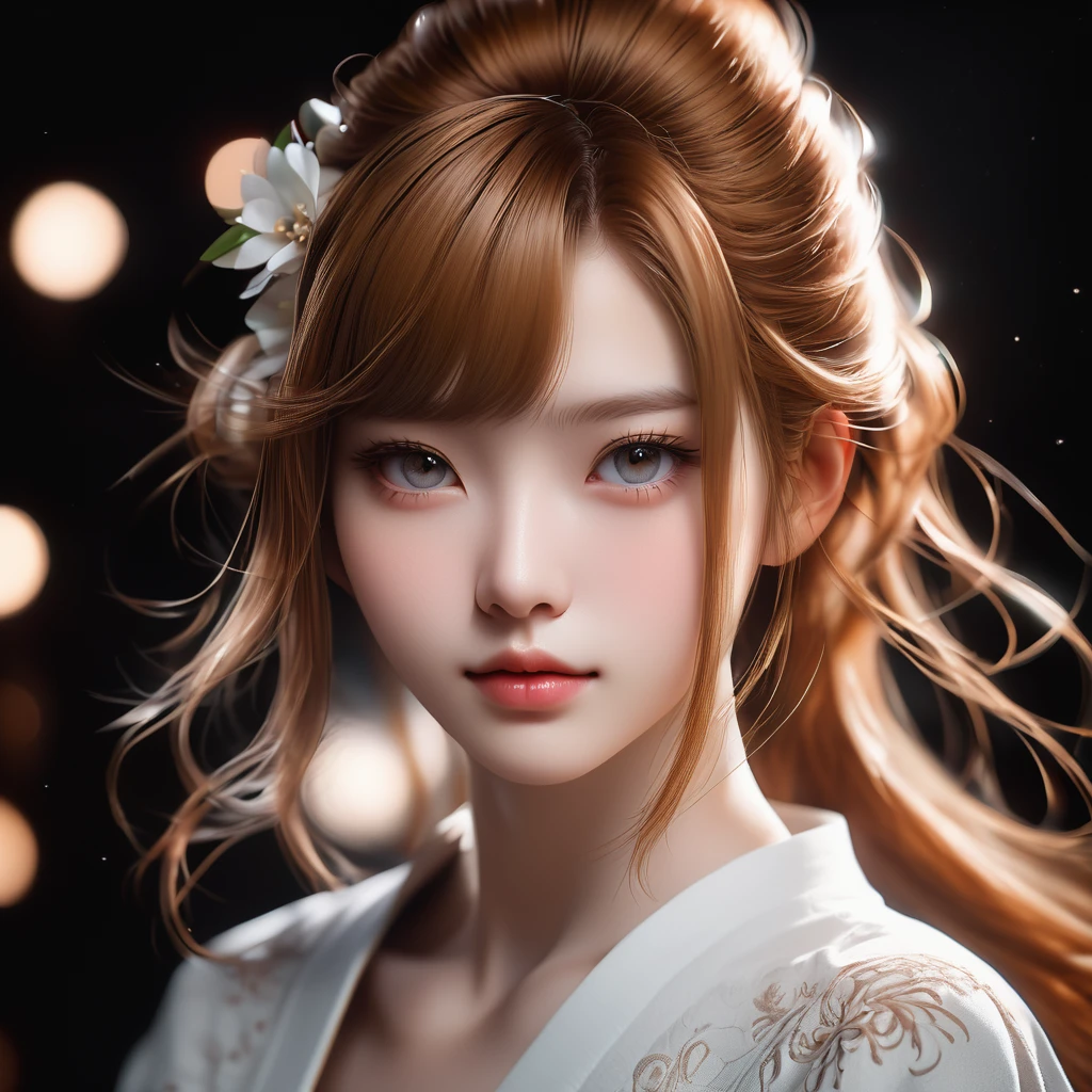 Meticulous, analog style, focus on the eyes, highest quality, (highly detailed skin), photo of very handsome pale skin Japane donghua girl, 21 years old, (caramel hair), perfect face, pore skin, (penetration:0.5), black background, (bokeh:0.6), sharp focus, grainy lighting, (backlight:0.7), film grain, photographed with Sony A7R IV camera, 18mm F/1.7 cine lens, (highly detailed, intricate detail), 8k, HDR, front view, (upper body: 0.9)