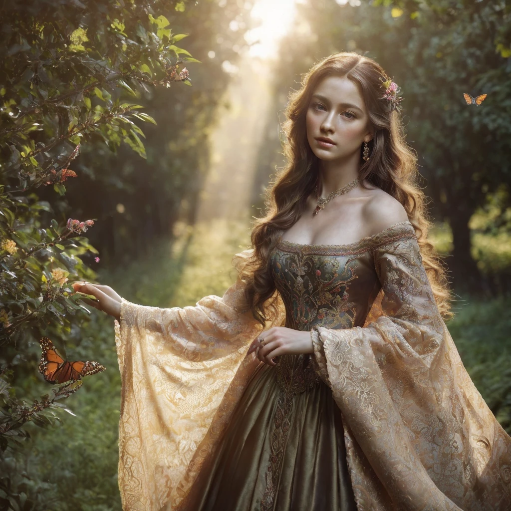 a renaissance girl, elegant long dress, intricate embroidery, porcelain skin, brown flowing hair, serene expression, standing in a lush garden, sunlight filtering through the trees, butterflies fluttering nearby, (best quality,4k,8k,highres,masterpiece:1.2),ultra-detailed,(realistic,photorealistic,photo-realistic:1.37),detailed facial features, HDR, UHD, studio lighting, ultra-fine painting, sharp focus, physically-based rendering, extreme detail description, professional, vivid colors, baroque,chiaroscuro lighting