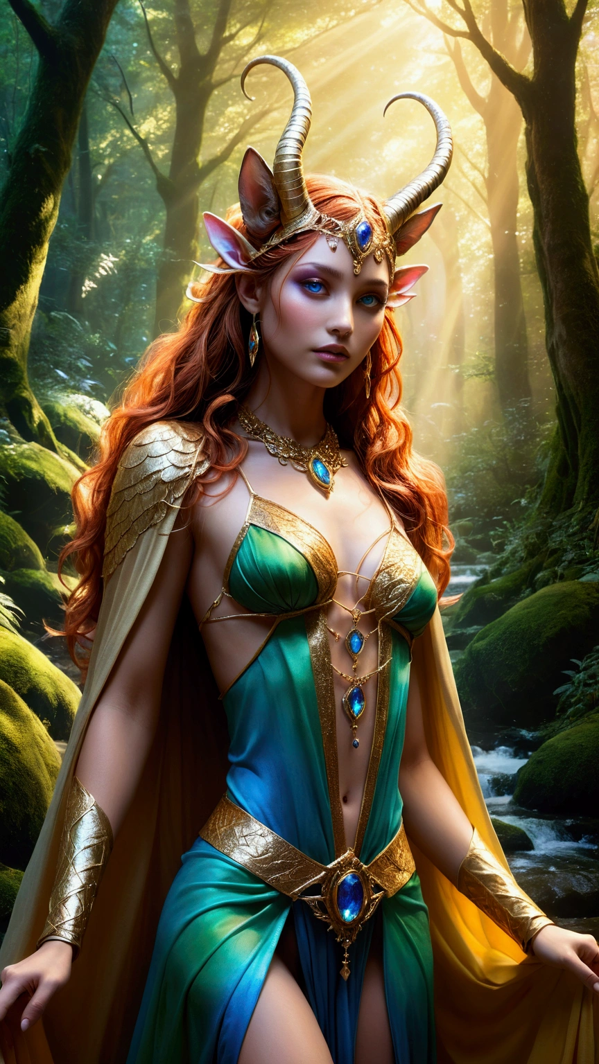 A beautiful, enchantingly elusive humanoid faunus woman, every aspect exudes magic in the midst of danger: shimmering rainbow fur, ethereal golden horn, and eyes that seem to hold the secrets of the universe. The mystical creature is surrounded by a lush, enchanted forest, bathed in the soft light of the setting sun, creating a dreamlike atmosphere that transports viewers to a realm of fantasy and wonder. This breathtaking image is a digital painting that captures the essence of the mythical creature with stunning detail and masterful technique, making it a truly mesmerizing work of art.