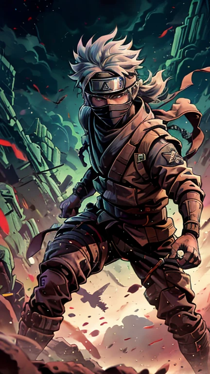 (Teens:1boy: Kakashi,Star Wars), (extremely detailed CG unit 8k wallpaper),(master part), (best quality), (ultra detali), (best illustration),(melhor ombre), cowboy shot, (Sharp eyeliner, ombre, detailedeyes:1), Konoha Village background, ,break , (star15escola:1.2), hair ornament,shor hair , silver hair,