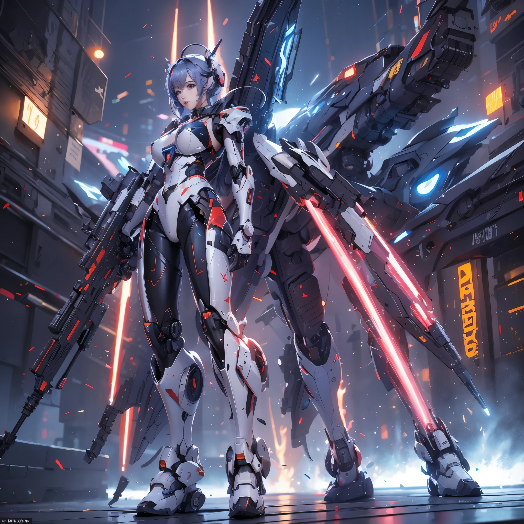 Robô de combate muito grande carregando camadas de pessoal dentro, semelhante a: (mas NÃO é o mesmo que ZGMF-X20A Strike Freedom), o robô de combate é a versão melhorada de seu tipo e é caracterizado por sua cor rosa, azul e dourado, Linhas finas, sombras profundas, bem como suas grandes asas com quatro bicos de caça. O robô de combate está armado com uma variedade de armas, incluindo canhões laser de ombro, rifles de energia, e feixe de espadas. With an elegant design and its firepower make it a formidable machine and the most beautiful on the campo de batalha. altamente estético. ((Mecha gigante)), de baixo entre edifícios de vidro brilhante, campo de batalha, Qualidade RAW