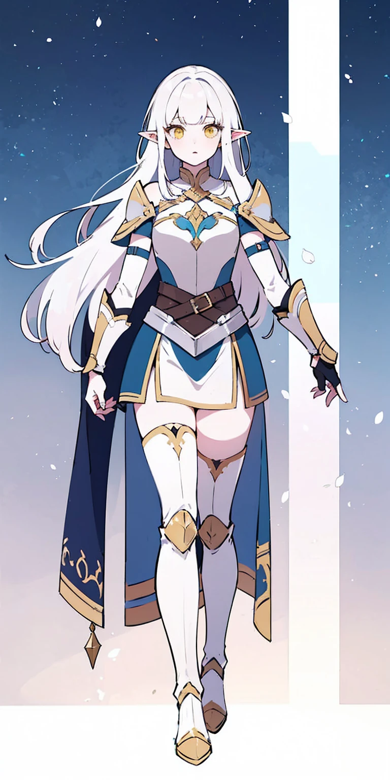 masterpiece, best quality, high quality, white SKIN elf, long hair, white hair, yellow eyes, full body, def_effie, blue breastplate, white skin, looking at viewer, shiny, armor, thigh highs, high boots, shoulder armor, faulds, poleyn, gloves, gauntlets