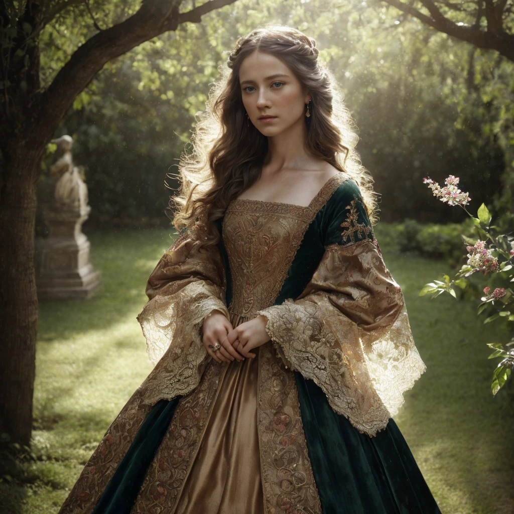 a renaissance girl, elegant long dress, intricate embroidery, porcelain skin, brown flowing hair, serene expression, standing in a lush garden, italian ville bacground, (best quality,4k,8k,highres,masterpiece:1.2),ultra-detailed,(realistic,photorealistic,photo-realistic:1.37),detailed facial features, HDR, UHD, studio lighting, ultra-fine painting, sharp focus, physically-based rendering, extreme detail description, professional, vivid colors, baroque,chiaroscuro lighting