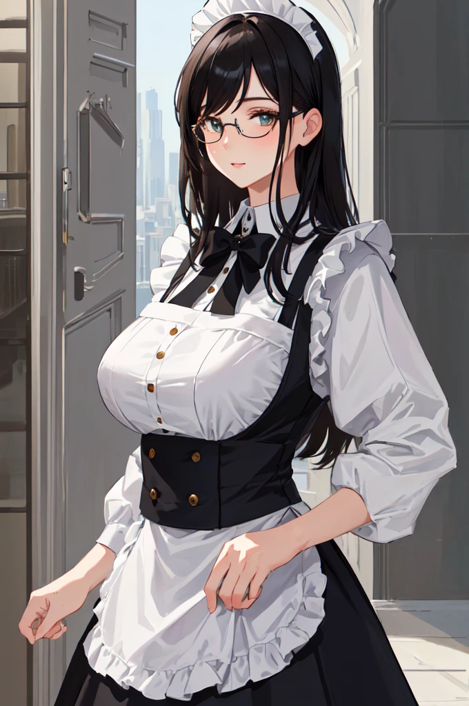 {{masterpiece}},high quality, 4K, 2D, 1 girl,{simple gray background},attractive mature lady, milf,standing,sagging breasts,{gigantic breasts},maid,front face,{{tareme}},attractive mature lady,black hair, {from right in front of face and body},View viewers from front,{front facing shot},Wear glasses,mole under eye,(serious:0.5)