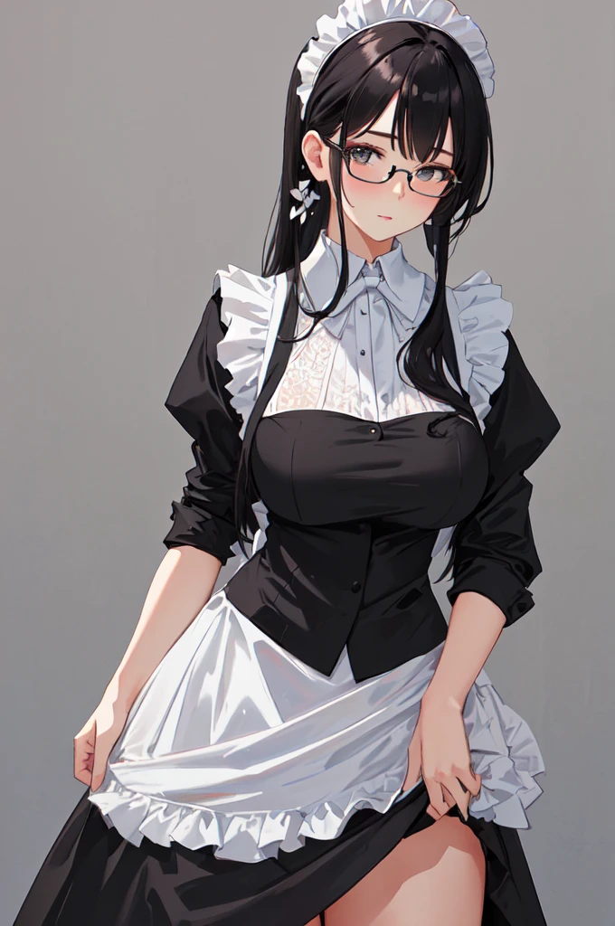 {{masterpiece}},high quality, 4K, 2D, 1 girl,{simple gray background},attractive mature lady, milf,standing,sagging breasts,{gigantic breasts},maid,front face,{{tareme}},attractive mature lady,black hair, {from right in front of face and body},View viewers from front,{front facing shot},Wear glasses,mole under eye,(serious:0.5)