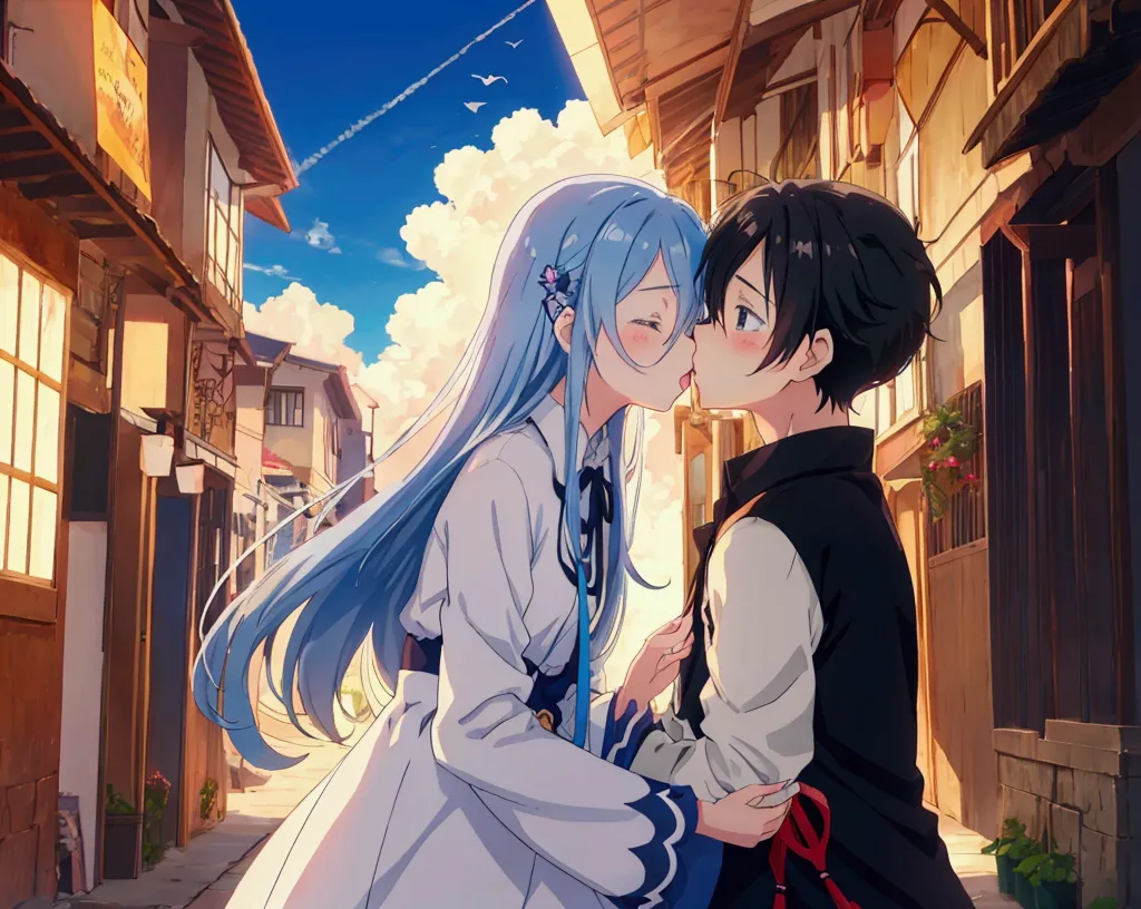 anime, kids, kids cute, couple kissing in the sky with birds flying overhead, kissing together cutely, romanticism lain, shoujo ...