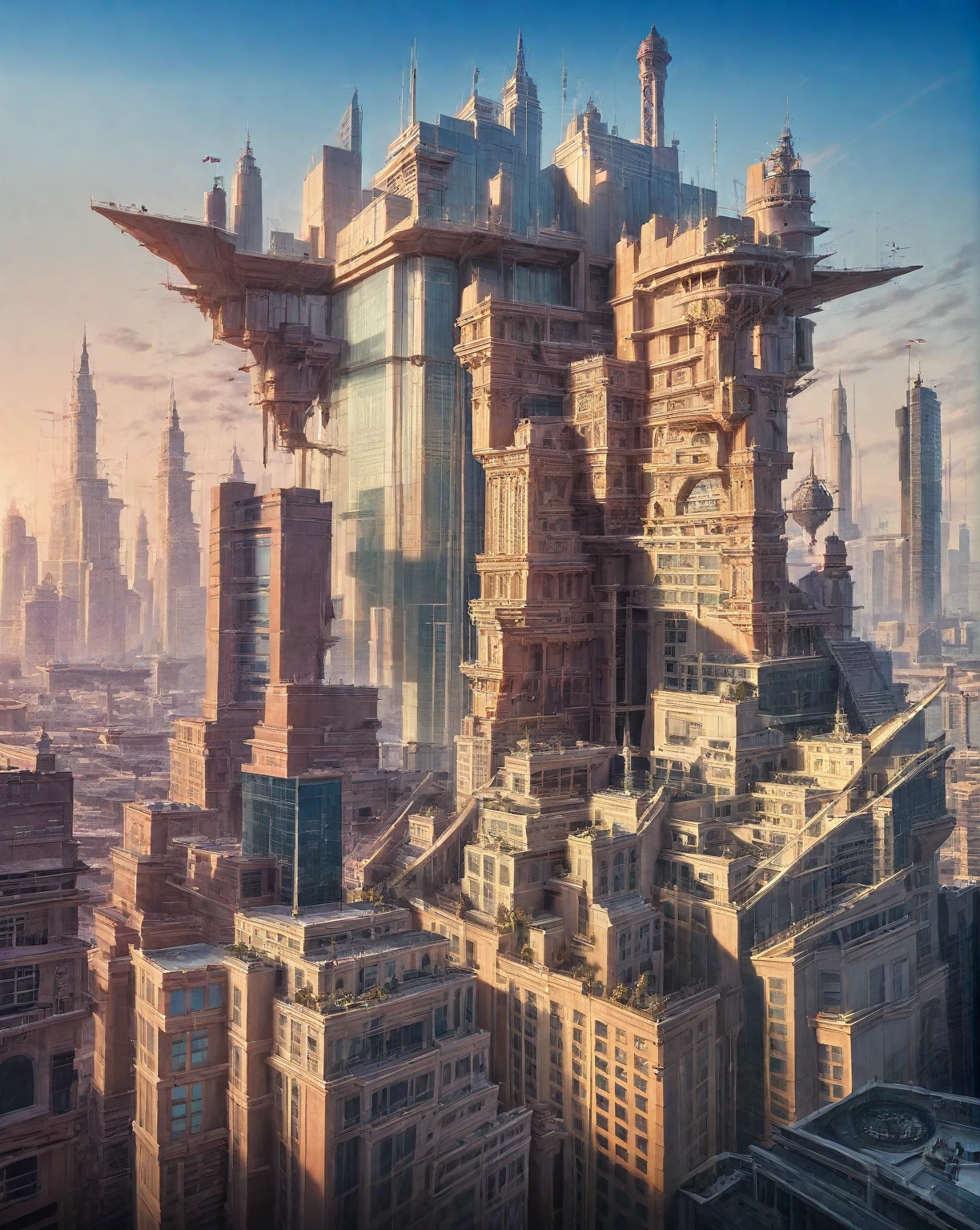 there is a drawing of a city with a clock tower, insanely highly detailed artwork, realistic painting of a complex, complex layered composition!!, expansive detailed layered city, realistic intricate concept art, big and structured valhalla city, multi layered huge architectures, insanely detailed art, atelier olschinsky, intricate cyberpunk city, intricate matte painting, intricate concept art