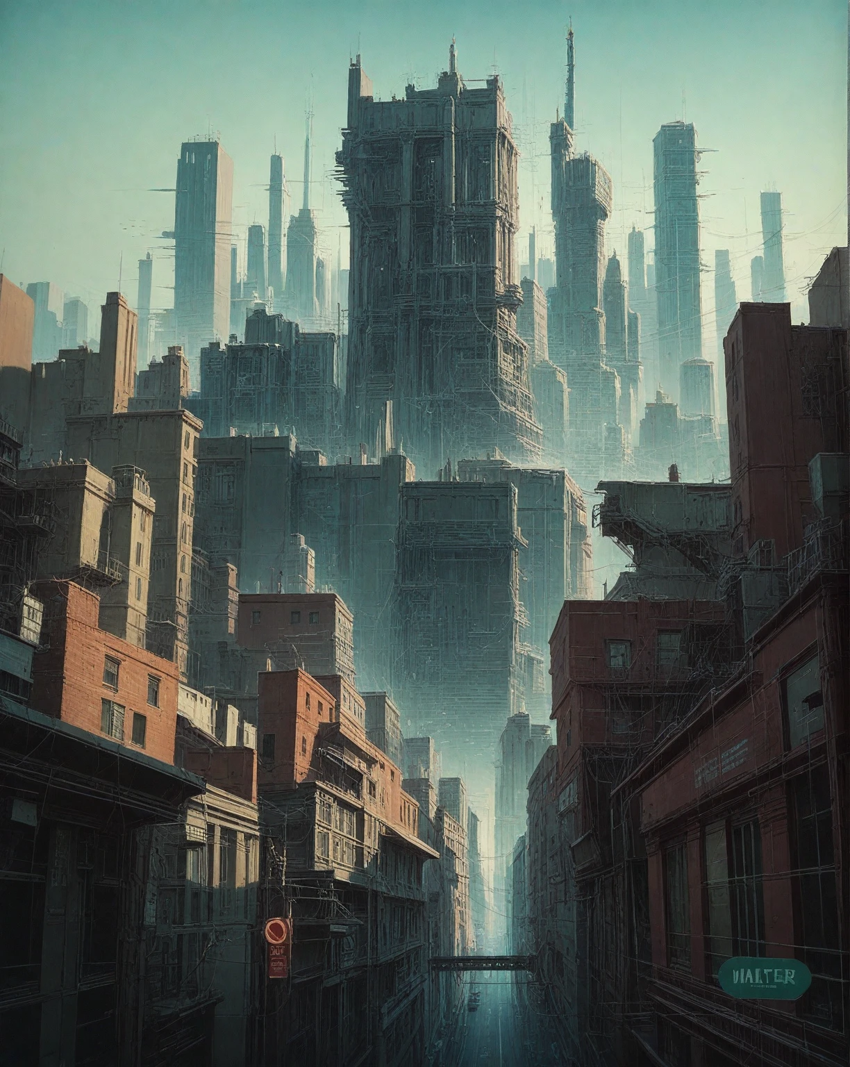 there is a drawing of a city with a clock tower, insanely highly detailed artwork, realistic painting of a complex, complex layered composition!!, expansive detailed layered city, realistic intricate concept art, big and structured valhalla city, multi layered huge architectures, insanely detailed art, atelier olschinsky, intricate cyberpunk city, intricate matte painting, intricate concept art