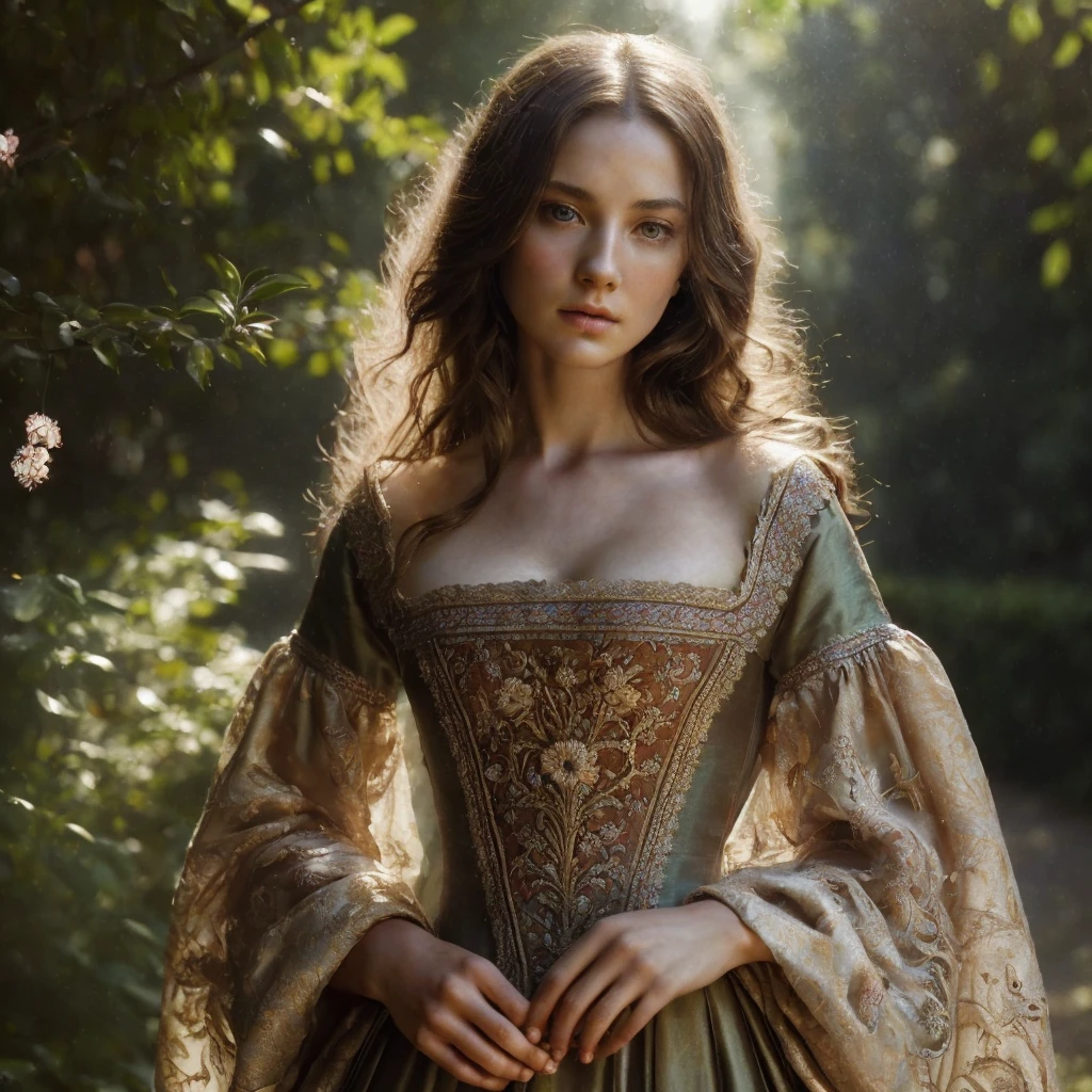 a renaissance girl, elegant long dress, intricate embroidery, porcelain skin, brown flowing hair, serene expression, standing in a lush garden, italian ville bacground, (best quality,4k,8k,highres,masterpiece:1.2),ultra-detailed,(realistic,photorealistic,photo-realistic:1.37),detailed facial features, HDR, UHD, studio lighting, ultra-fine painting, sharp focus, physically-based rendering, extreme detail description, professional, vivid colors, baroque,chiaroscuro lighting