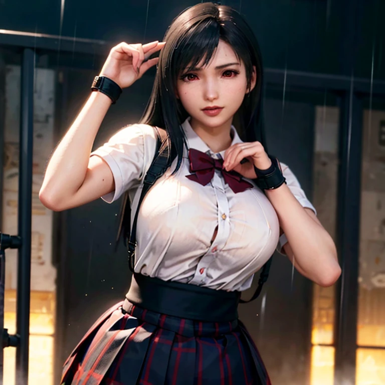 school girl uniform , steam , rain , plaid skirt , pleated skirt , The shirt is tight. , white shirt , school girl , red bow , red knot , highly detailed photo of Tifa Lockhart posing, final fantasy 7 remake, red eyes