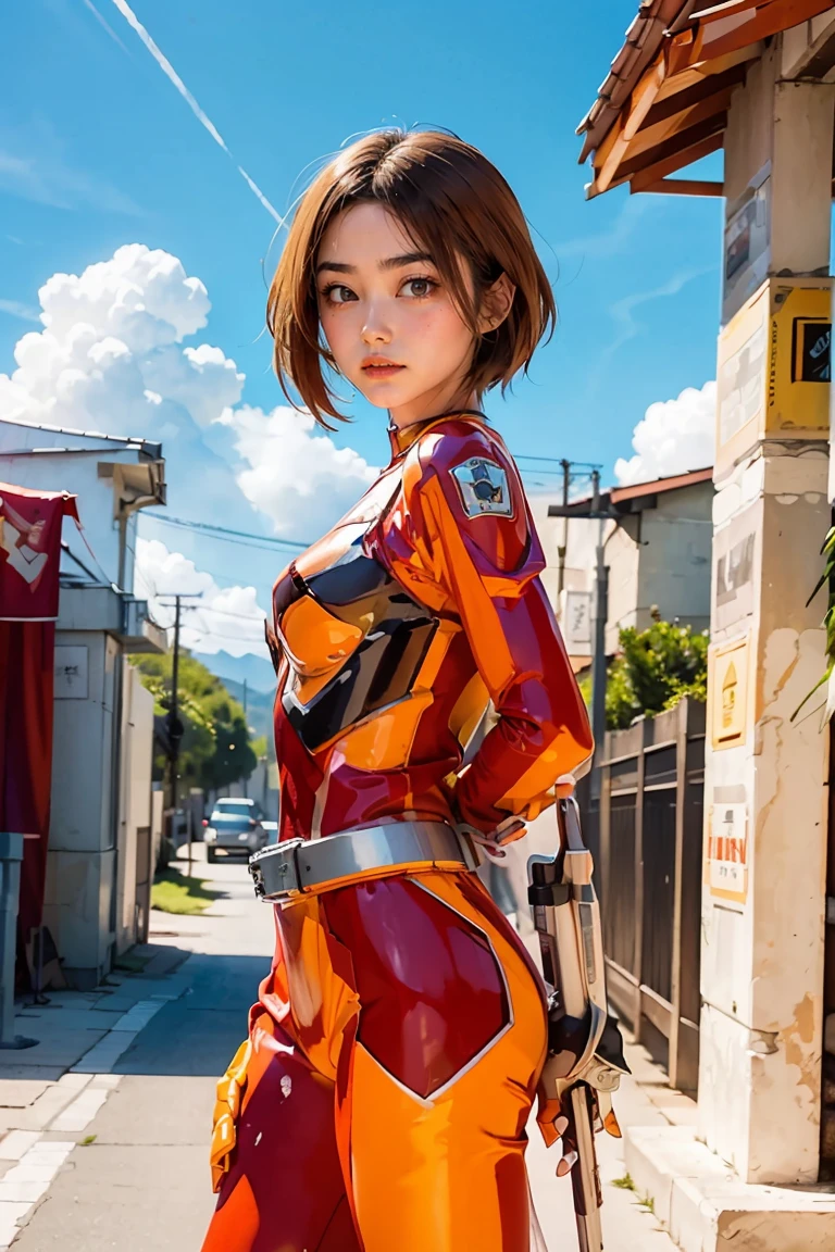  (((blauer Himmel mit Wolken im Hintergrund))), Ultraman、realistisch、realistisch、filmische Beleuchtung, Mädchen in einem glänzenden rot-silbernen Anzug、1、professionelles Foto, japanisches Modell, japanische cgi、Ultraman-Anzug、enger und dünner Cyber-Anzug, Der ganze Körper ist gummiartig und zart, große Brüste、kleiner Arsch、Dünne Oberschenkel、Dünne Arme、dünne Taille、Kamelzehe、Beide Seiten des Cyber-Anzugs haften auf der Haut、große Augen、schwarze kurze Haare、nach vorne gerichtet、nach vorne gerichtet、In der Brust ist eine leuchtende Kugel eingelassen.