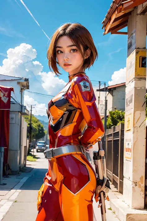 (((blue sky with cloud in background))), ultraman、realistic、realistic、cinematic lighting, girl in a shiny red and silver suit、18...