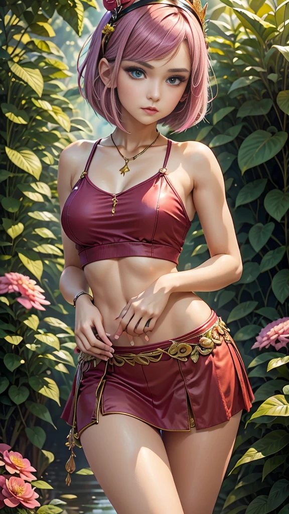 18 year old beautiful girl, masterpiece, best quality, 8K animation, detailed fingers, precise fingers, not unnatural hands, illustration, 1 girl, solo, pink bob cut, gold crown, flower hair ornament, sagging eyes, red mini skirt, YUI