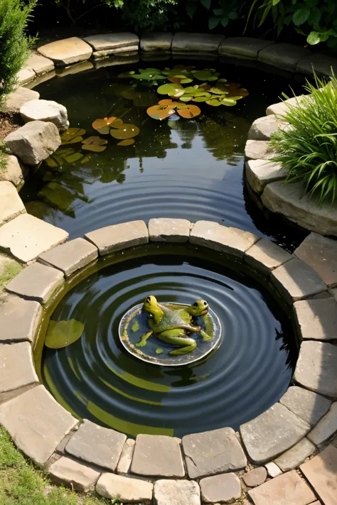 Quiet ancient pond，Frog in the water, center，A quiet sound