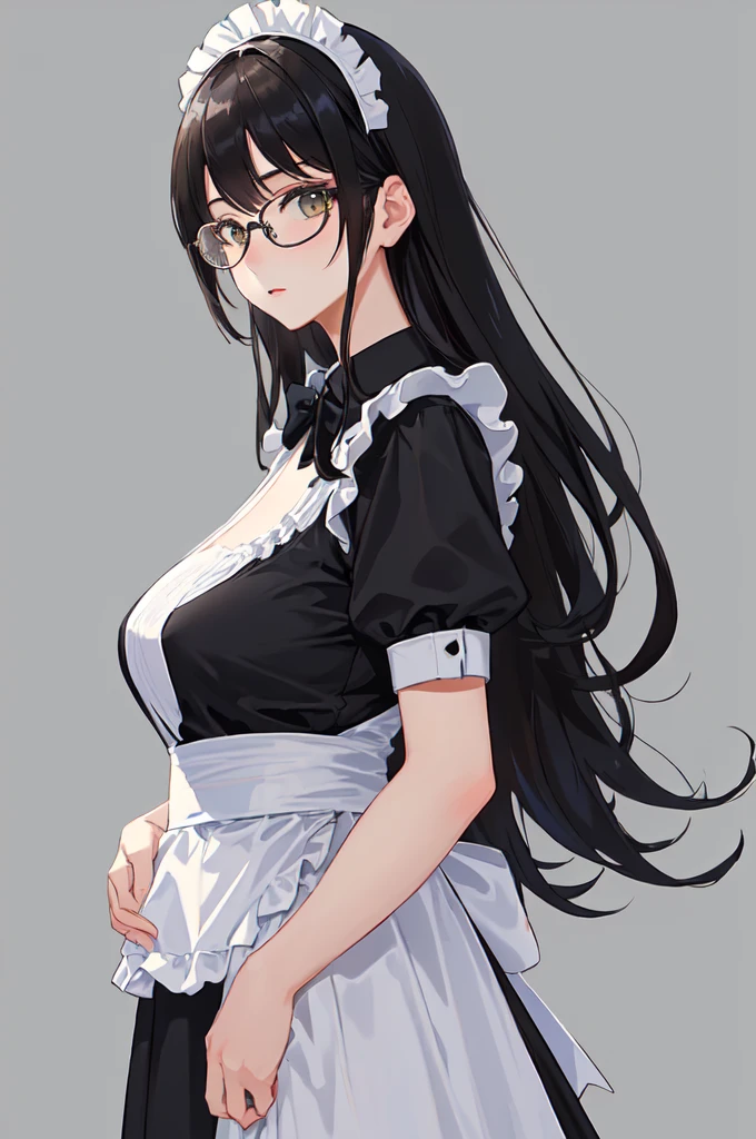 {{masterpiece}},high quality, 4K, 2D, 1 girl,{simple gray background},attractive mature lady, milf,standing,sagging breasts,{{gigantic breasts}},maid,front face,{{tareme}},attractive mature lady,black hair, {from right in front of face and body},View viewers from front,{front facing shot},Wear glasses,mole under eye,(serious:0.3)