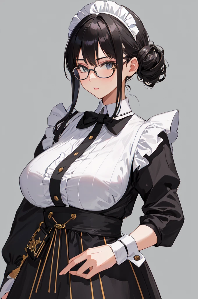 {{masterpiece}},high quality, 4K, 2D, 1 girl,{simple gray background},attractive mature lady, milf,standing,sagging breasts,{{gigantic breasts}},maid,front face,{{tareme}},attractive mature lady,black hair, {from right in front of face and body},View viewers from front,{front facing shot},Wear glasses,mole under eye,(serious:0.3)