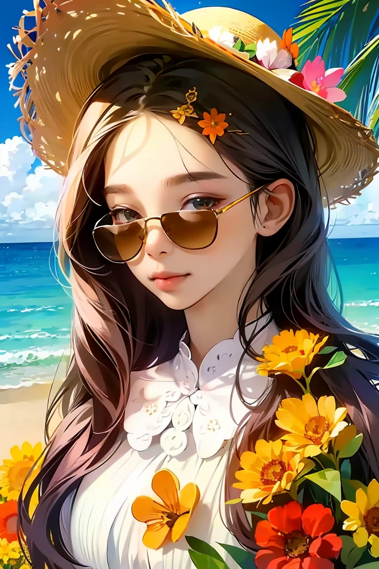 1 girl, alone, ดวงตาที่haveรายละเอียดมาก, starfish, shells, shells, flower, have, decorationsผม, decorations, straw hat, Watch the audience, sunglasses, hatflower, drinking straw, Hair pins, Earrings, Red flower, Color glasses, yellowflower, smooth, English Text, colorful hair, orangeflower, black hair, ring, Cup, long hair, Color glassesส้ม, food, brown hair, Portrait, decorationsผมshells