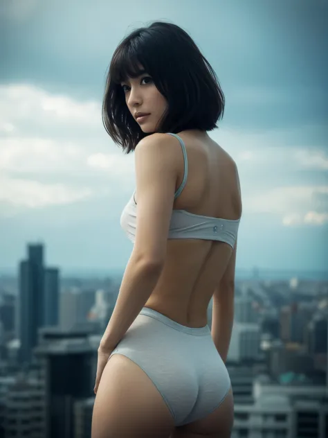 1 girl,Very beautiful 30 year old Japanese woman、Very short hair、Imagine、cleveage、wind、Overcast skies、Model-like figure、 externa...