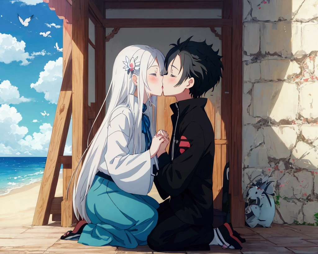 anime, kids, kids cute, couple kissing in the sky with birds flying overhead, kissing together cutely, romanticism lain, shoujo romance, sakimi chan, lovely kiss, kissing together, anime picture, in love, kissing, romantic!!!, anime, re:zero, echidna, subaru, making love, cute anime, beautiful anime, anime!!, anime wallaper, cielo hermoso, lagrimas de felicidad en la niña, echidna niña, pelo blanco, cejas gruesas blanca.