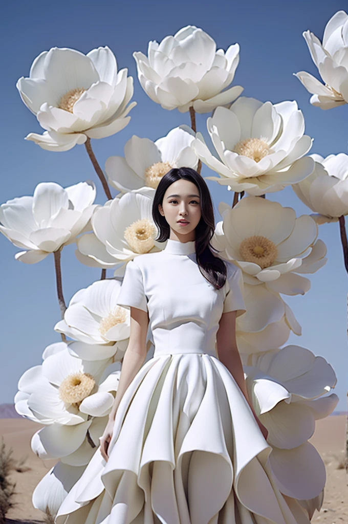 1 girl, dress, single person, white dress, black hair, flowers, arms on both sides, looking at the audience, blue sky, standing, short sleeves, sky, day, outdoors, long hair floating up