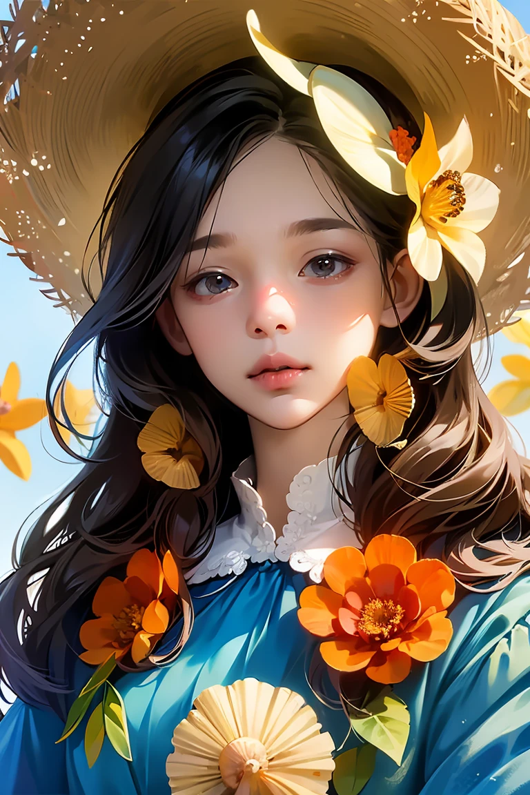 1 girl, alone, ดวงตาที่haveรายละเอียดมาก, starfish, shells, shells, flower, have, decorationsผม, decorations, straw hat, Watch the audience, sunglasses, hatflower, drinking straw, Hair pins, Earrings, Red flower, Color glasses, yellowflower, smooth, English Text, colorful hair, orangeflower, black hair, ring, Cup, long hair, Color glassesส้ม, food, brown hair, Portrait, decorationsผมshells