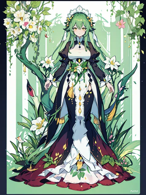 plant lady, flowers clothes, monster girl, flowers, full body