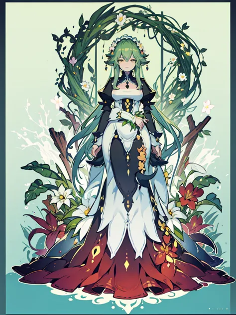 plant lady, flowers clothes, monster girl, flowers, full body